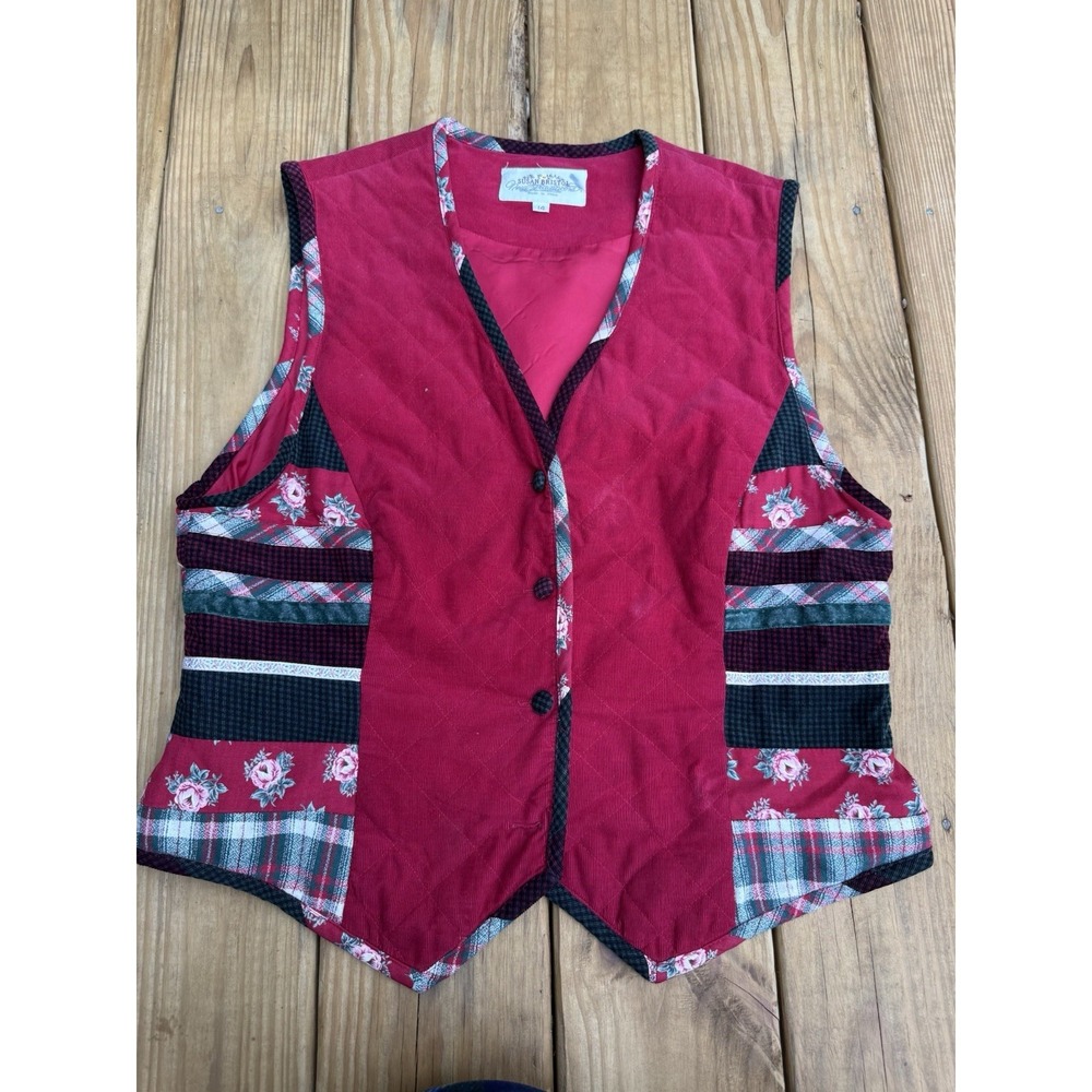Vintage Susan Bristol Patchwork Corduroy Vest Women 14 Red Cottagecore Quilted